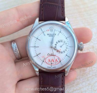 Rolex Geneve Cellini Date Watch Replica  Stainless Steel  White Face  Brown Leather Strap