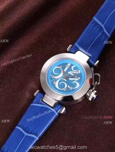Best AAA Cartier Pasha Copy Watch SS Blue Dial Blue Leather 28mm