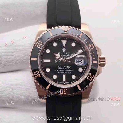 Copy Rolex Submariner Rose Gold Rubber Strap Watch 40mm