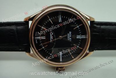 Rolex Geneve Cellini Time Watch Replica  Rose Gold Black Face  Black Leather