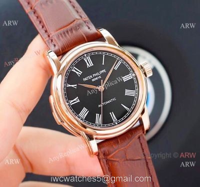 Clone Patek Philippe Calatrava Rose Gold Black Roman watch Simple Style