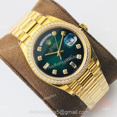 (EWF )Swiss 3255 Rolex Oyster Perpetual Day Date Fake Watch Yellow Gold Green Dial