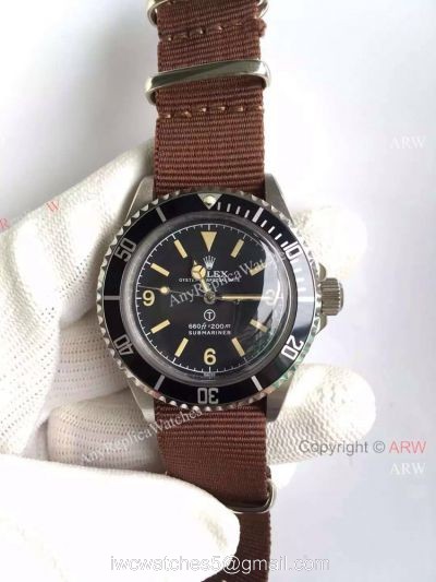 AAA Rolex Vintage Submariner Replica Watches Black Bezel Brown Nylon Strap