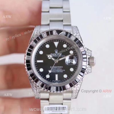 Asian ETA Rolex Submariner Watch  Stainless Steel Black Diamond Bezel