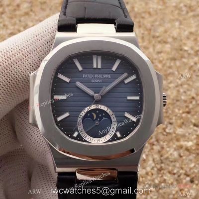 Swiss Grade 1 Patek Philippe Moonphase Replica Watch Nautilus Black Dial 40mm