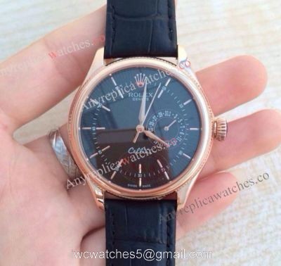Rolex Geneve Cellini Black Date Watch Replica  Rose Gold  Black Leather