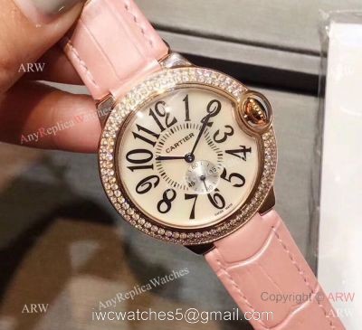 Womens Fake Cartier Watch Ballon Bleu Rose Gold Diamond Bezel Quartz 36mm