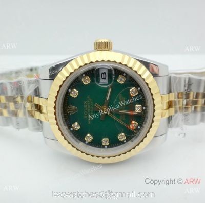 Replica Diamond Rolex Datejust 2-Tone Green Face Watch 31mm Ladies