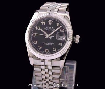 Real Swiss ETA3135 REPLICA ROLEX DATEJUST WATCH SS BLACK ARABIC SWISS