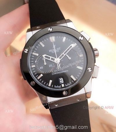 New Replica Hublot Classic Fusion Chrono Watches Black Bezel Black Rubber Band