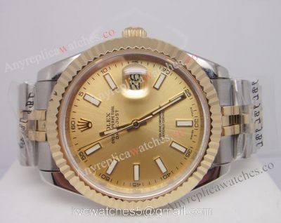 (EW) Clone Swiss ETA3255 Replica Rolex Datejust II Watch 2-Tone Jubilee Band Gold Dial 41mm