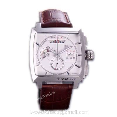 Tag Heuer Monaco Quartz Calibre 12 Copy Watch White Chronograph Brown Leather Strap