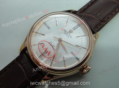 Replica Rolex Cellini Rose Gold White Face Brown Strap Watch