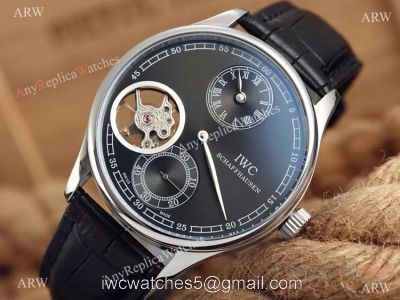 High Quality Replica IWC Tourbillon Portuguese SS Black Leather Watch