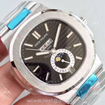Swiss Grade Fake Patek Philippe Nautilus Watch Stainless Steel Black day date Moonphase