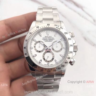 Swiss replica Rolex Daytona 904L Stainless Steel White Face Watch AR Factory Daytona
