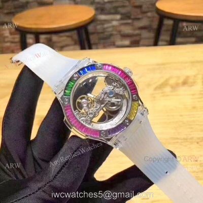 2019 Hublot Unico Sapphire Replica Watch Transparent Case Rainbow Bezel