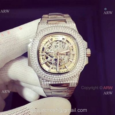 Copy Patek Philippe Nautilus Ice Out Watch Stainless Steel White Hollow