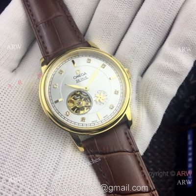 Copy Omega Tourbillon De Ville Watches Gold Case Silver Dial