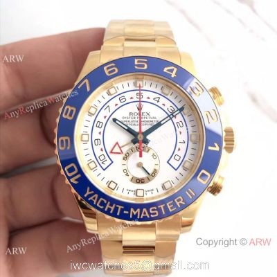 JF Factory Replica Rolex Yacht-master II All Gold Case Blue Ceramic Bezel Men Watch