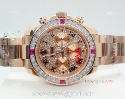 Fake Rolex with Diamond Bezel Daytona Rose Gold Diamond Face Watch