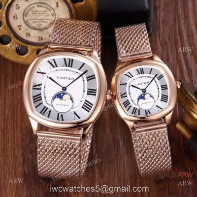 Rose Gold Cartier Drive De Quartz Watches with Moonphase Face