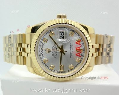 High Quality Replica Diamond Rolex Day Date 34mm Watch  Yellow Gold Jubilee Silver Dial