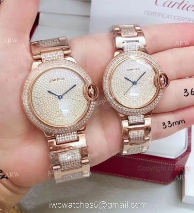AAA Replica Cartier Rose Gold Ice Out Watches  Ballon Bleu 36mm