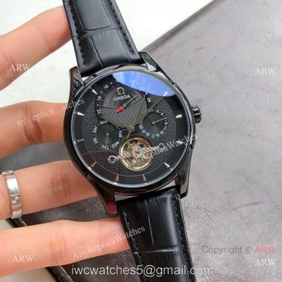 Replica Omega Tourbillon All Black Leather Strap Watches 43mm