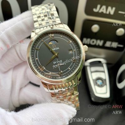 New Copy Omega De Ville Moon Phase 40mm Watches Stainless Steel Black Face