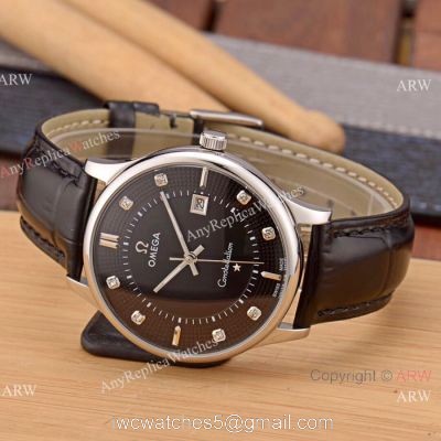 New Replica Omega Constellation 41mm Watch SS Black Leather Strap