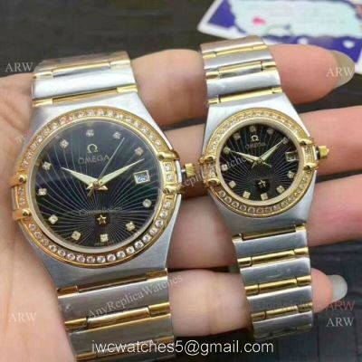 Replica Omega Constellation Diamond Bezel Two Tone Omega Couple Watch