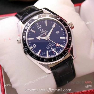 Copy Omega Seamaster GMT 45mm Watches SS Black Leather Strap