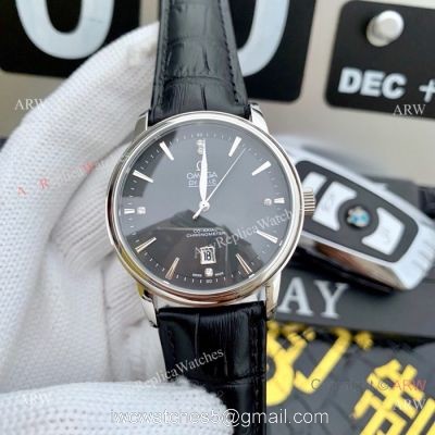 Clone Omega De Ville SS Black Leather Strap Watches 42mm