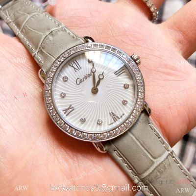 Japan Grade Replica Cartier SS Gray Leather Strap Watch