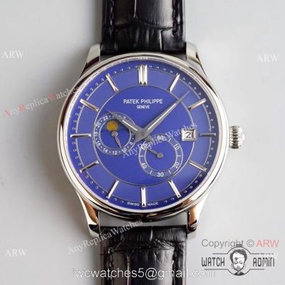 Swiss Grade 1 Patek Philippe Moonphase Replica Wristwatch Blue Dial Black Leather Strap