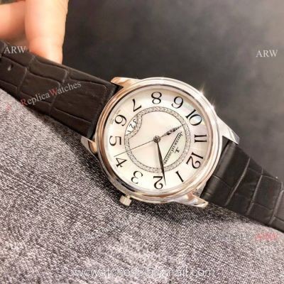 Replica Jaeger leCoultre Ladies Watch White MOP Dial Black Leather Band