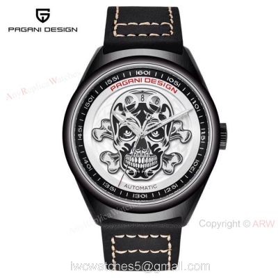 Pagani Design PVD Black Steel Watch White Skull Face