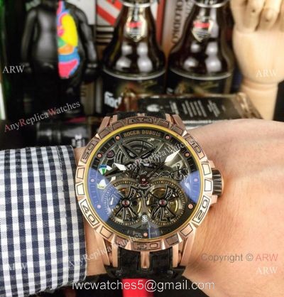 Best Replica Roger Dubuis Excalibur Double Tourbillon Watch Rose Gold Skeleton Face