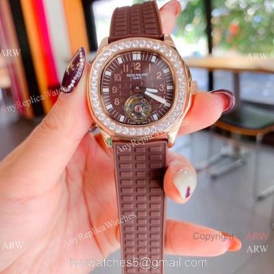 Clone Patek Philippe Aquanaut Tourbillon Women Watches Rose Gold Diamond Bezel