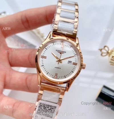 Copy Longines Quartz watches White Ceramic  Rose Gold Sapphire glass