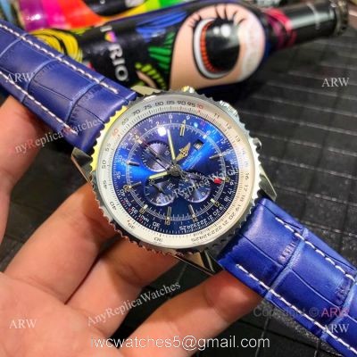 Copy Breitling Navitimer world GMT Chrono Watch Blue Dial Blue Leather Strap