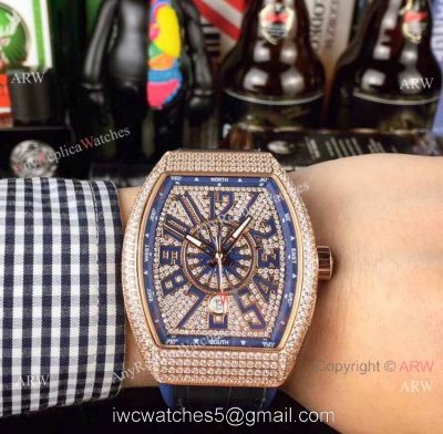 Swiss Quality Franck Muller Vanguard Yachting v45 Watch Rose Gold Diamond Blue Gummy strap