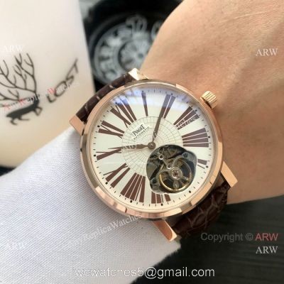 Clone Piaget Tourbillon Rose Gold White Roman Dial Men Watch
