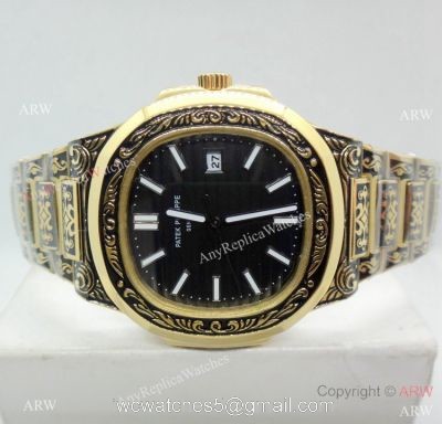 2019 Copy Patek Philippe Engraving Nautilus Watches  Yellow Gold Black Dial