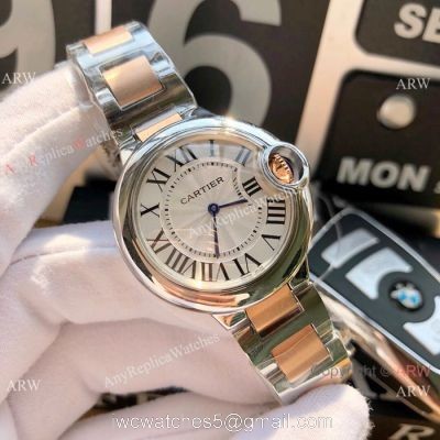 Cartier Ballon Bleu 33mm  2-Tone Rose Gold Silver Dial Womens Fake Cartier Watch