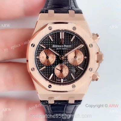 Super Clone Audemars Piguet Royal Oak Rose Gold Black Leather Strap Watch  BF Factory