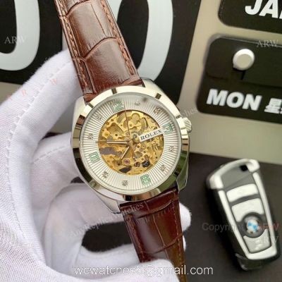 Rolex Geneve Cellini Replica Watch Tourbilln Face Brown Leather Strap