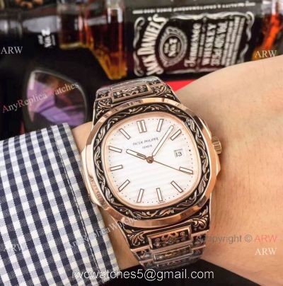 Clone Patek Philippe Nautilus White Face Rose Gold Tattoo Watch 40mm
