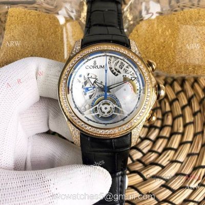 Replica Bubble Corum Watch Diamond Bezel Gold Case Silver Chronograph Dial